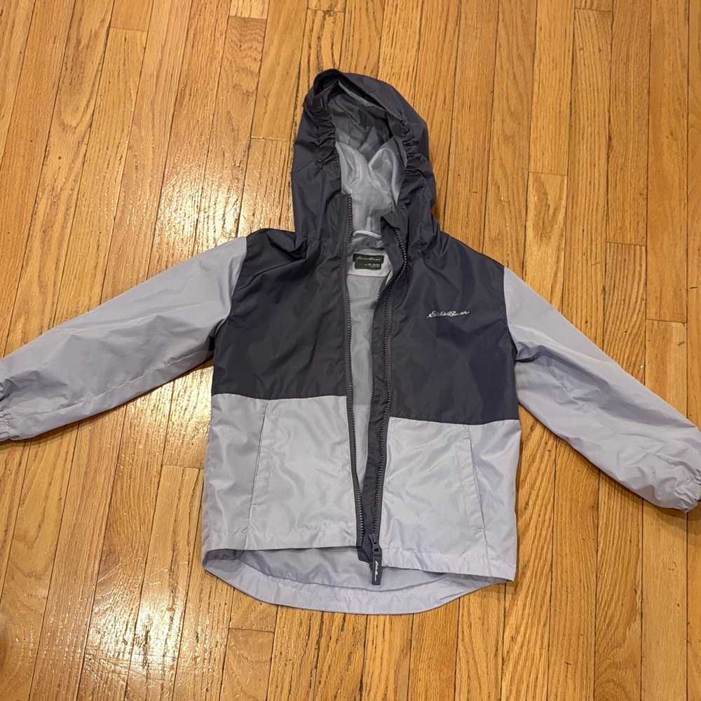 Eddie Bauer Kids' Two-Tone Hooded Rain Jacket in lavender and Light Gray